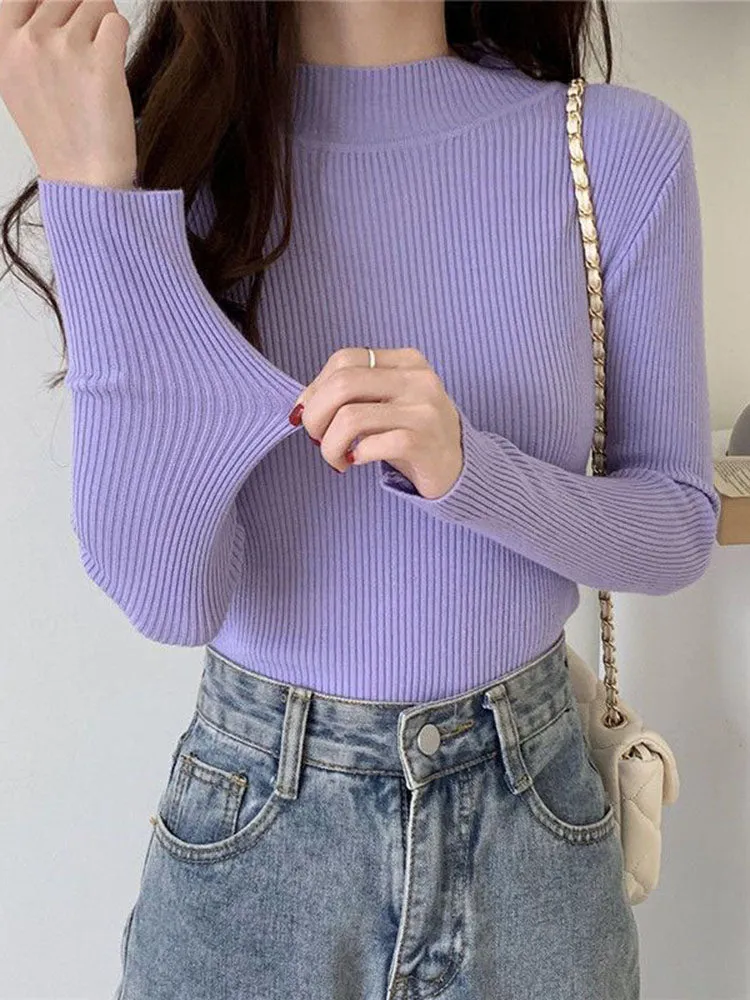 Pullover Women Sweater Autumn Elastic Solid Knitted Female Jumper Long Sleeve Winter Korean Female Basic Tops