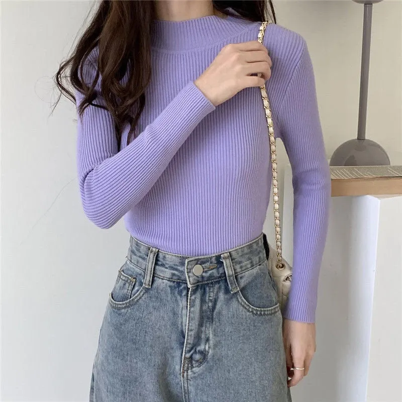 Pullover Women Sweater Autumn Elastic Solid Knitted Female Jumper Long Sleeve Winter Korean Female Basic Tops