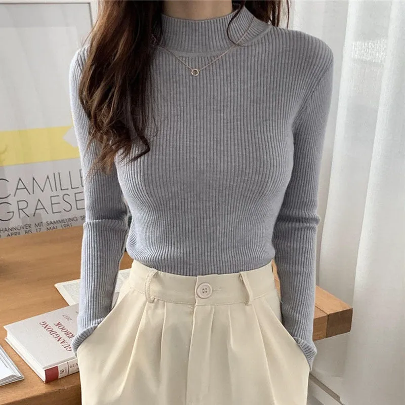 Pullover Women Sweater Autumn Elastic Solid Knitted Female Jumper Long Sleeve Winter Korean Female Basic Tops