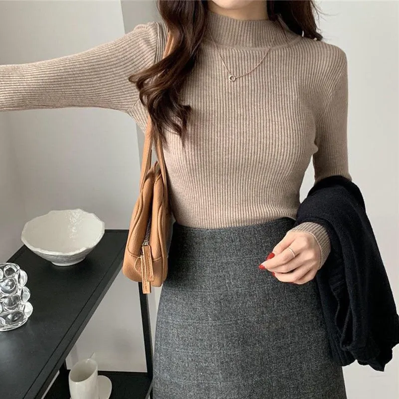 Pullover Women Sweater Autumn Elastic Solid Knitted Female Jumper Long Sleeve Winter Korean Female Basic Tops