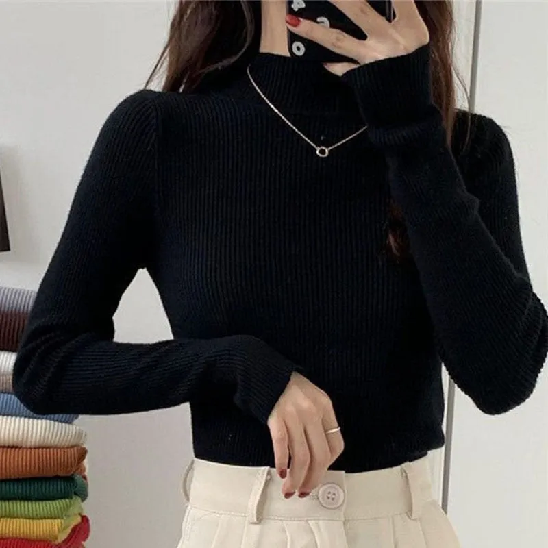 Pullover Women Sweater Autumn Elastic Solid Knitted Female Jumper Long Sleeve Winter Korean Female Basic Tops