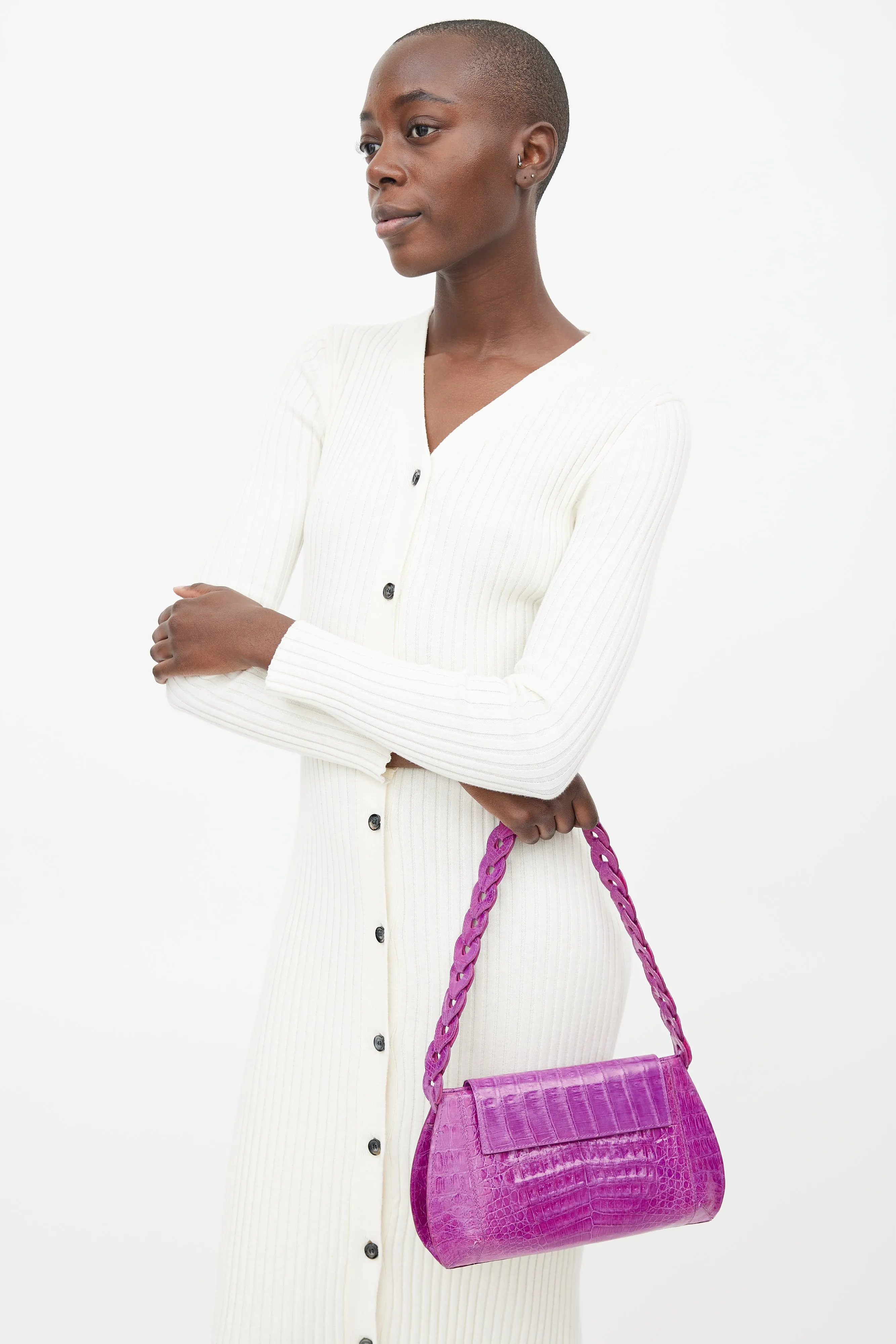 Purple Embossed Leather Shoulder Bag