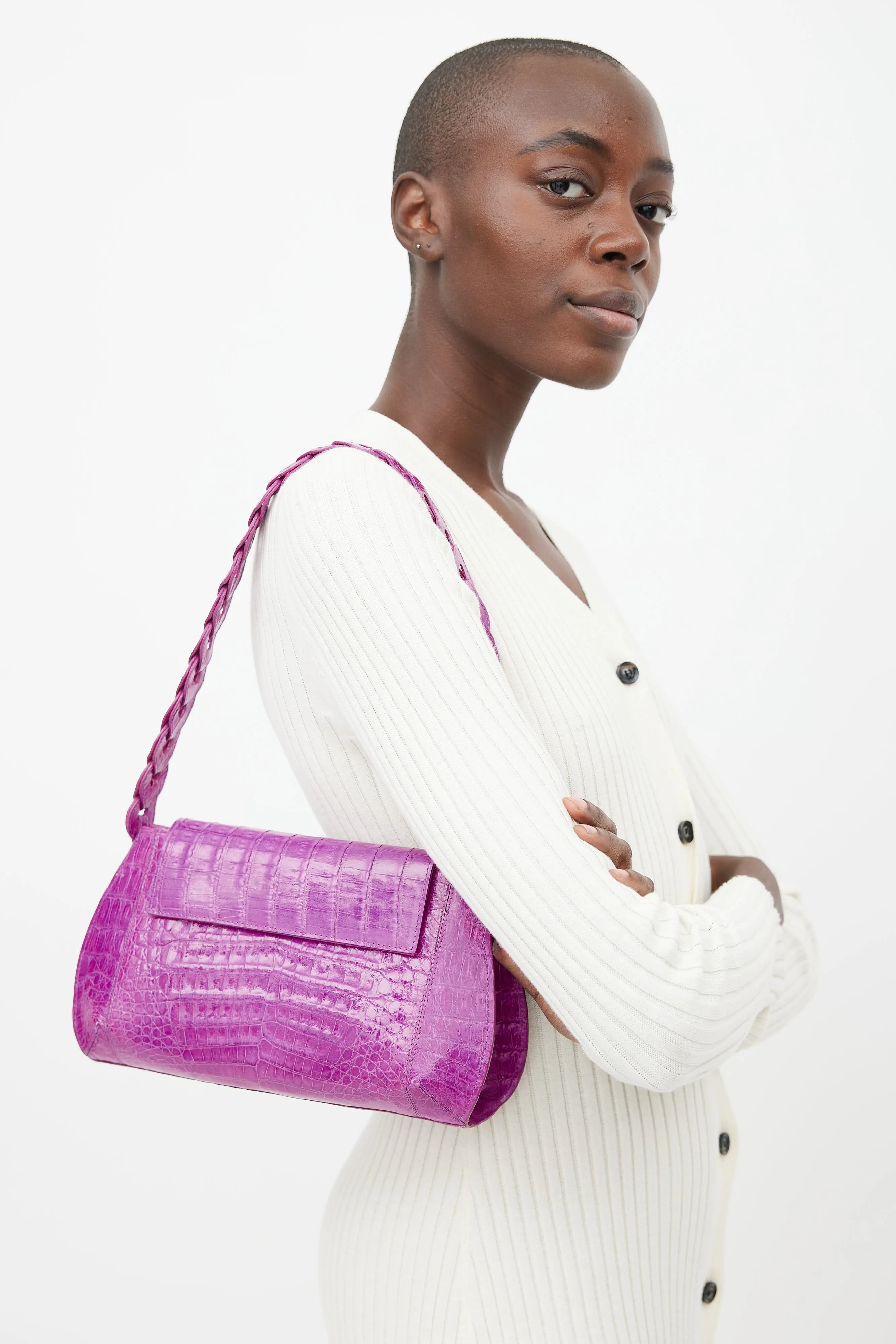 Purple Embossed Leather Shoulder Bag