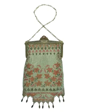 Sahatiel Mandalian Vintage 1920s Turkish Inspired Pearl Floral Enamel Chainmail Metal Mesh Handbag