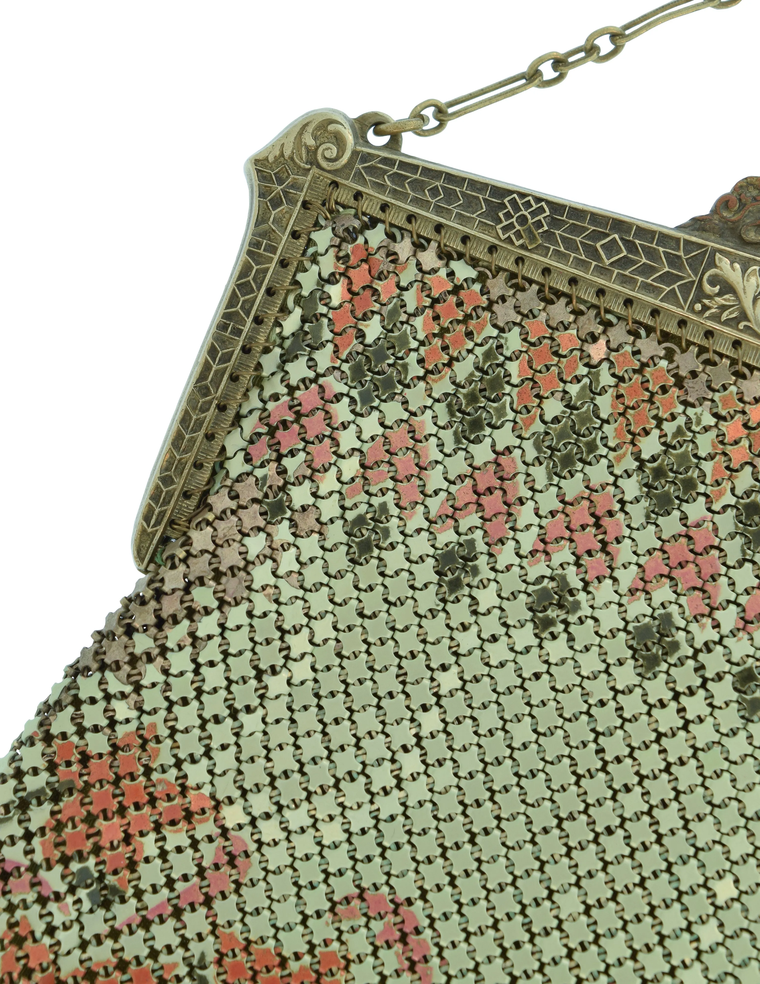 Sahatiel Mandalian Vintage 1920s Turkish Inspired Pearl Floral Enamel Chainmail Metal Mesh Handbag