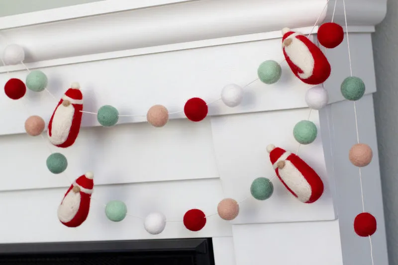 Santa Claus Felt Christmas Garland- Teal Pink Red White