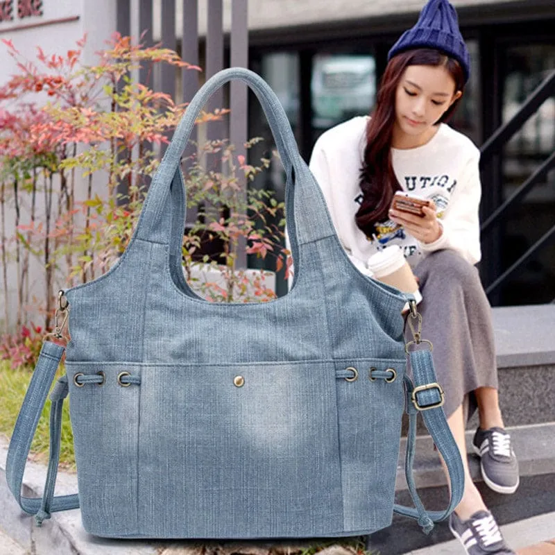 Shoulder Strap Washed Denim Zipper Handbag