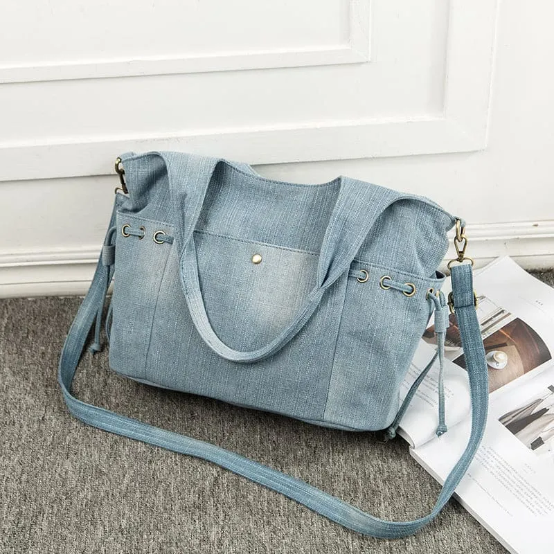 Shoulder Strap Washed Denim Zipper Handbag