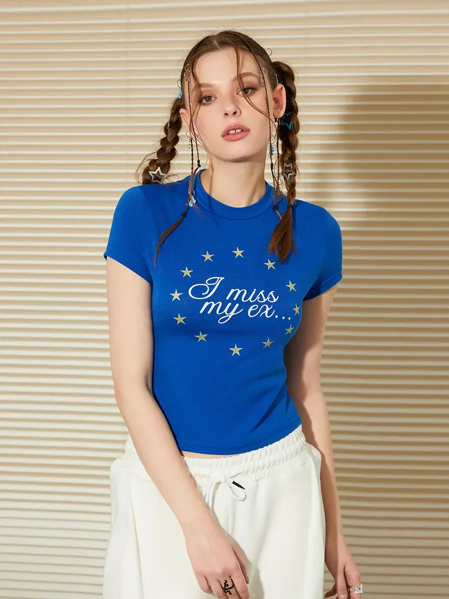 Sleeve Stars Letter Print Round Neck Summer Casual Short T-shirt