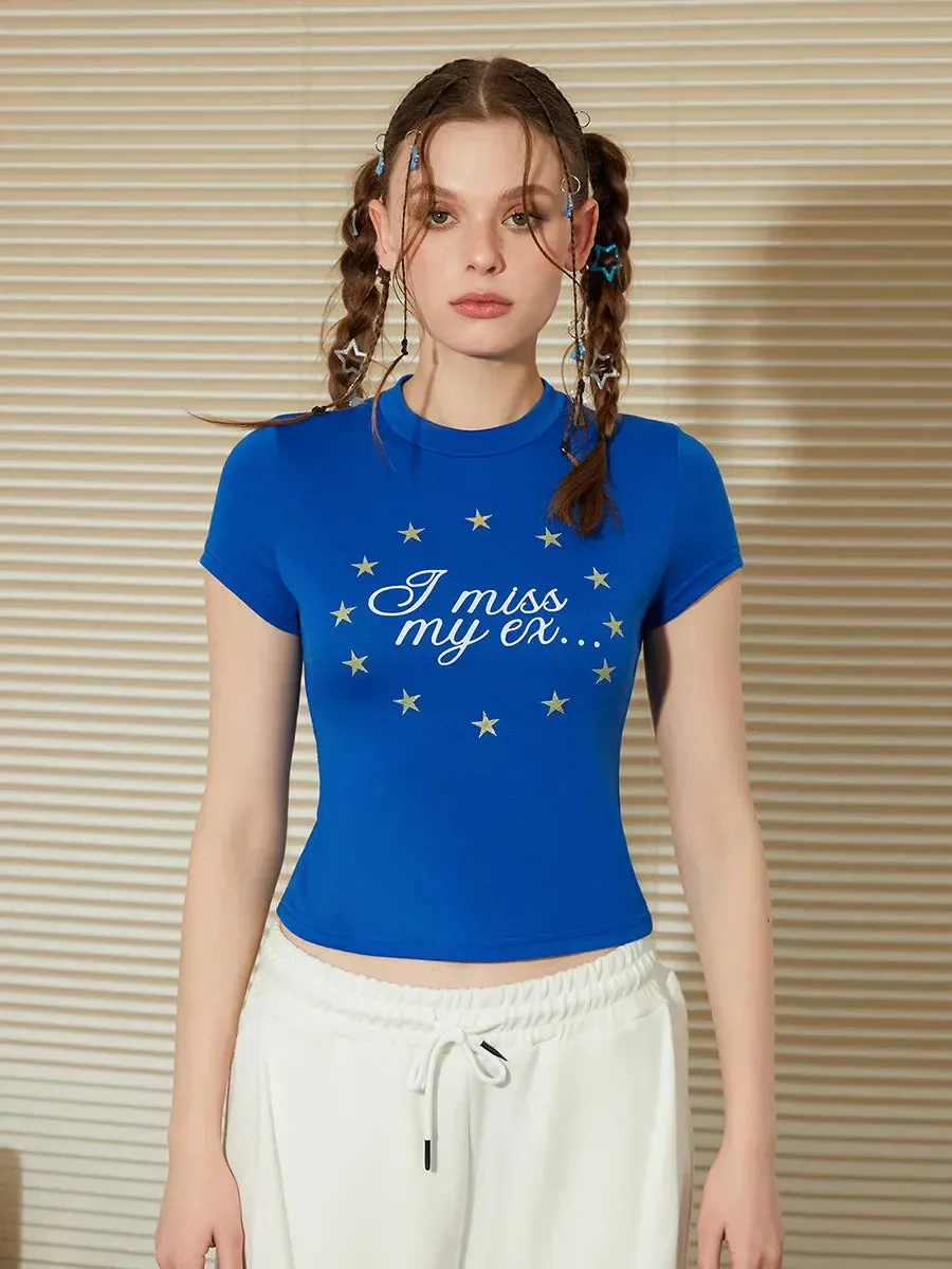 Sleeve Stars Letter Print Round Neck Summer Casual Short T-shirt