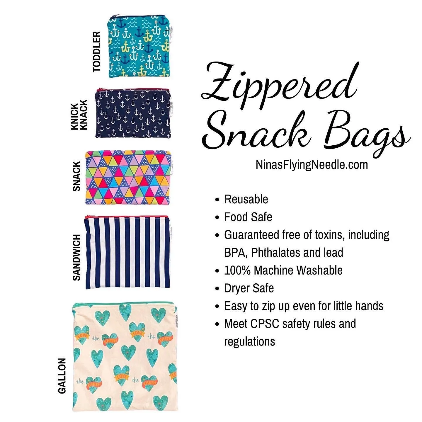 Snack Sized Reusable Zippered Bag Stripes Navy