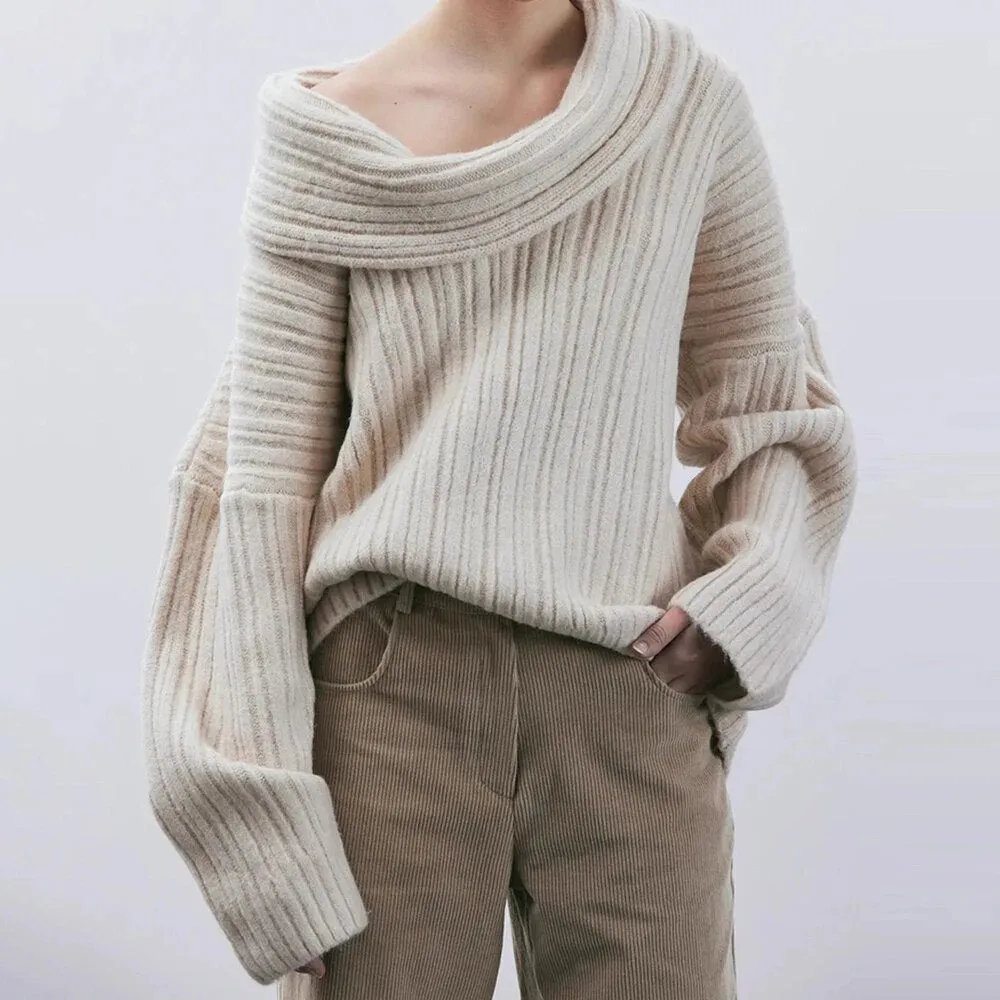 Solid Minimalist Knitting Sweaters For Women Diagonal Collar Long Sleeve Off Shoulder Pullover Sweater Female