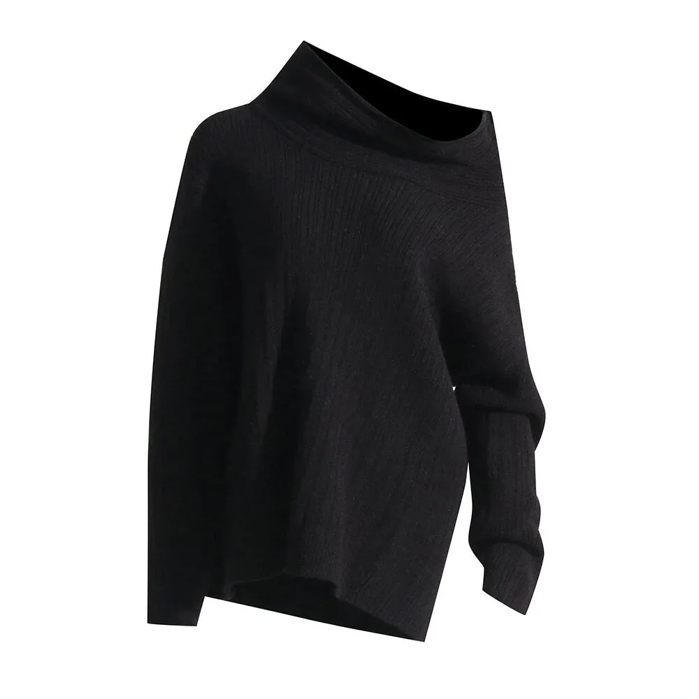 Solid Minimalist Knitting Sweaters For Women Diagonal Collar Long Sleeve Off Shoulder Pullover Sweater Female