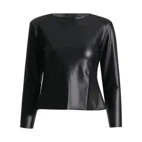 Solid PU Leather T Shirts For Women Round Neck Long Sleeve Casual Loose T Shirt Female Fashion Style Summer