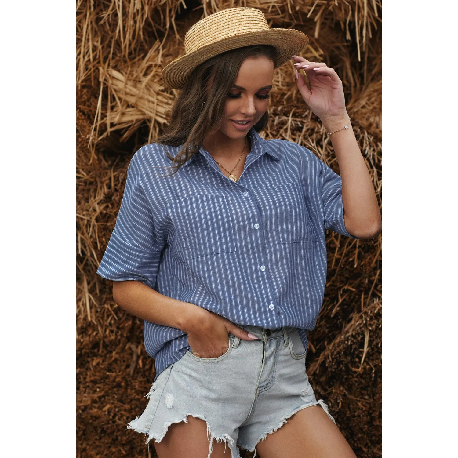 Striped Button-Front Half Sleeve Shirt