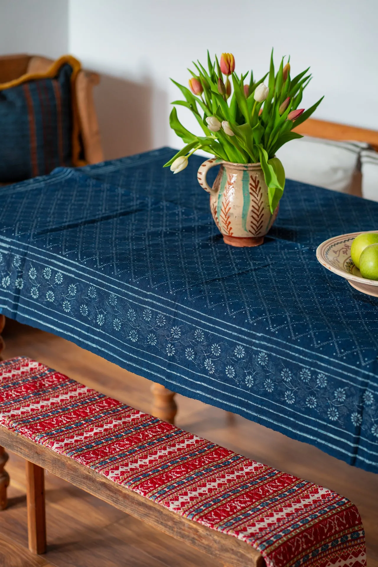 Table Cloth: Antique handwoven Hungarian hemp wax resist indigo - TW149