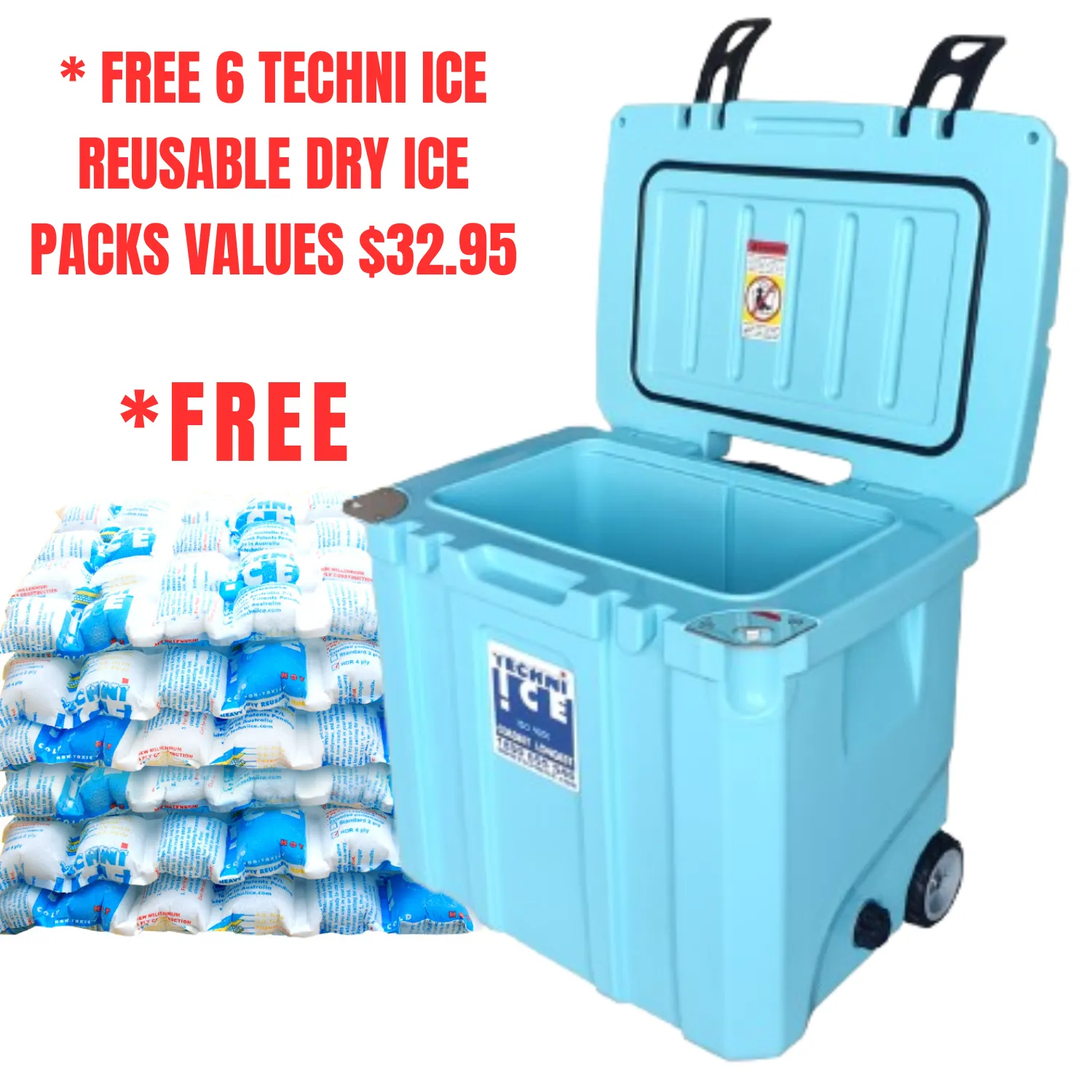 Techni Ice Signature Hybrid Premium Ice Box 35L Light Blue Wheels with Wheels & Telescopic Travel Handle *Preorder FOR MID-LATE NOVEMBER DISPATCH *FREE 6 REUSABLE DRY ICE PACKS VALUES $32.95