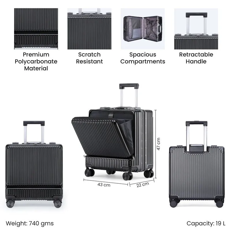 THE CLOWNFISH JetSetter Series Carry-On Luggage PolyCarbonate Hard Case Suitcase Eight Spinner Wheel 14 inch Laptop Trolley Bag with TSA Lock & USB Charging port- Black (47 cm-18.5 inch)