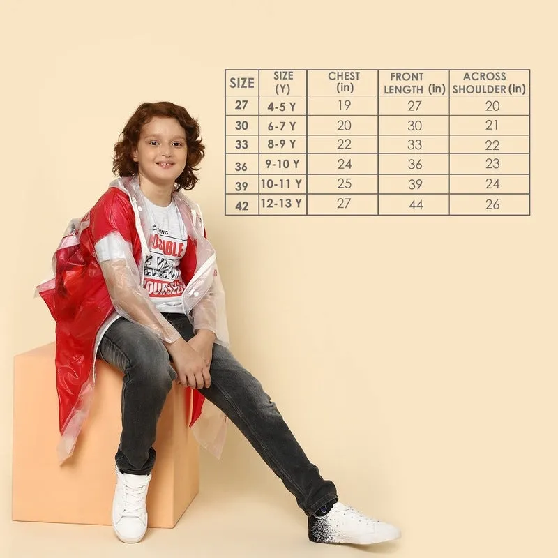 THE CLOWNFISH Laurel Series Kids Waterproof PVC Longcoat with Adjustable Hood & Extra Space for Backpack/Schoolbag Holding. Printed Plastic Pouch. Kid Age-10-11 years (Size-39-Red)