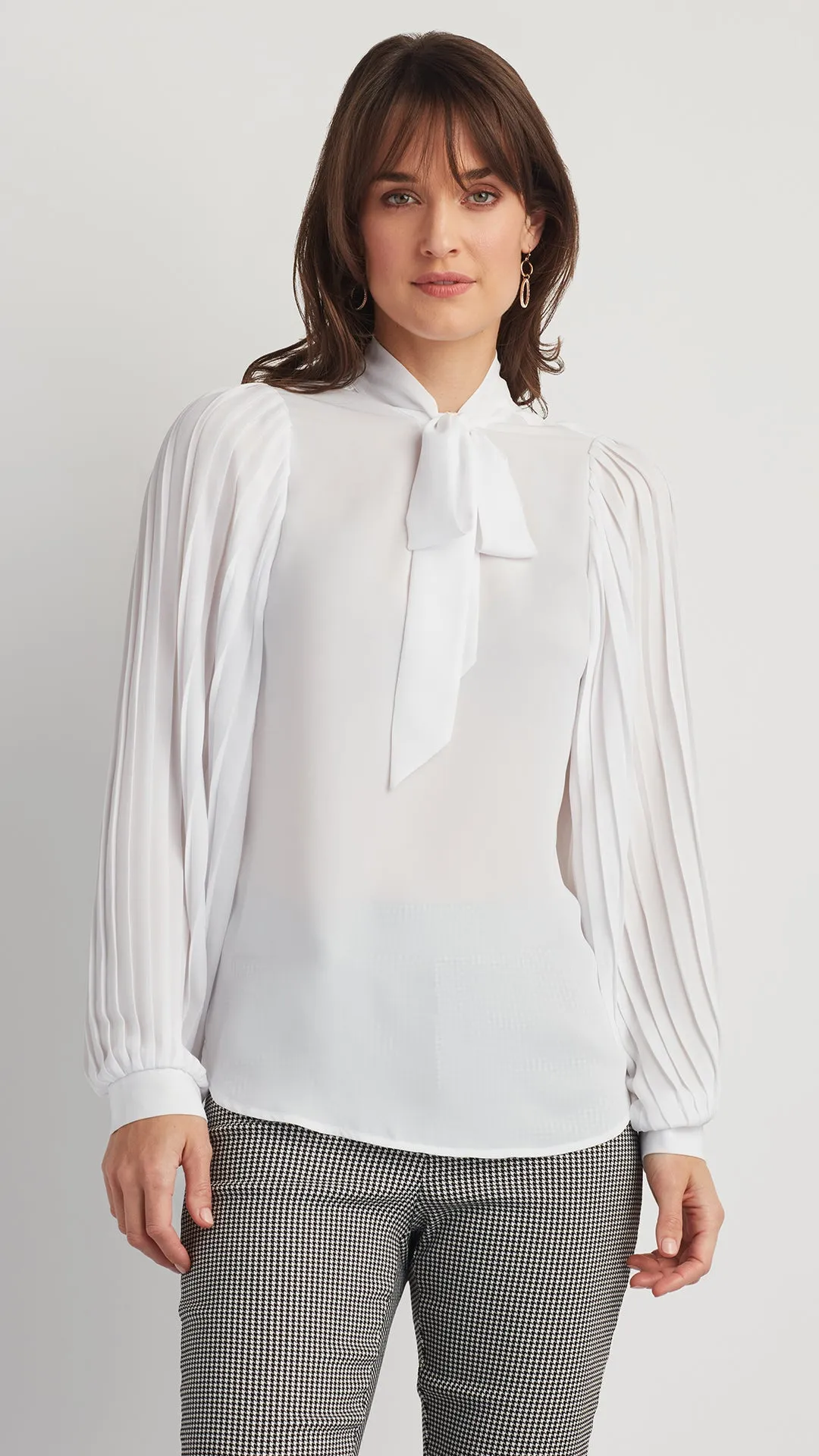 TIE NECK TOP WITH PLEATED SLEEVES