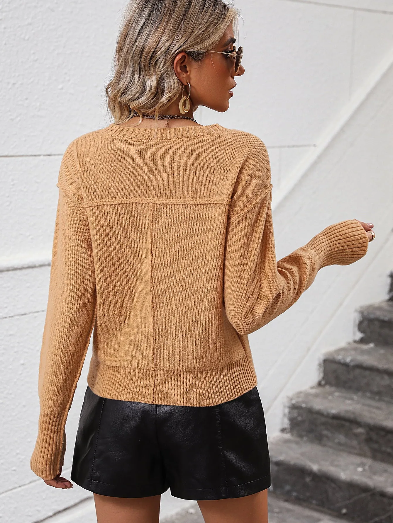 V-Neck Dropped Shoulder Long Sleeve Knit Top