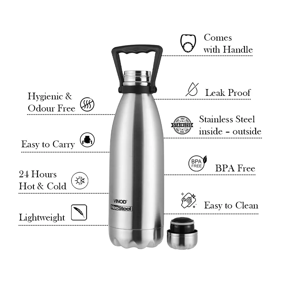 Vinod Classic 24 Hours Hot and Cold Flask Bottle with Copper Coating Inside and Fabricated 18/8 Stainless Steel Outside with Handle | Stainless Steel Water Bottle for Daily Use - 1.8 litres (Silver)