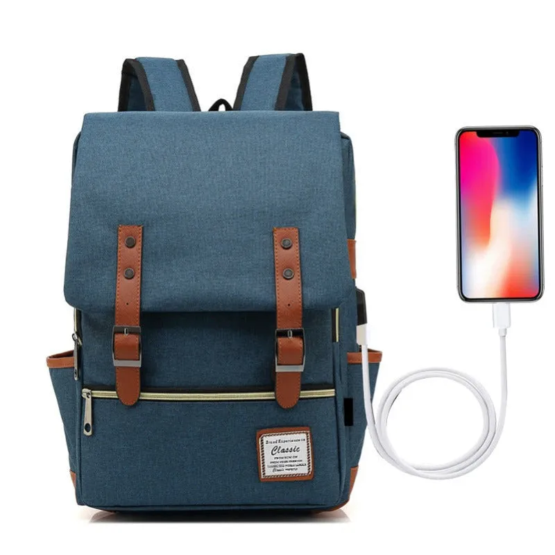 Vintage Laptop Backpack Unisex Oxford Waterproof Large Capacity Backpacks with USB Charging Port