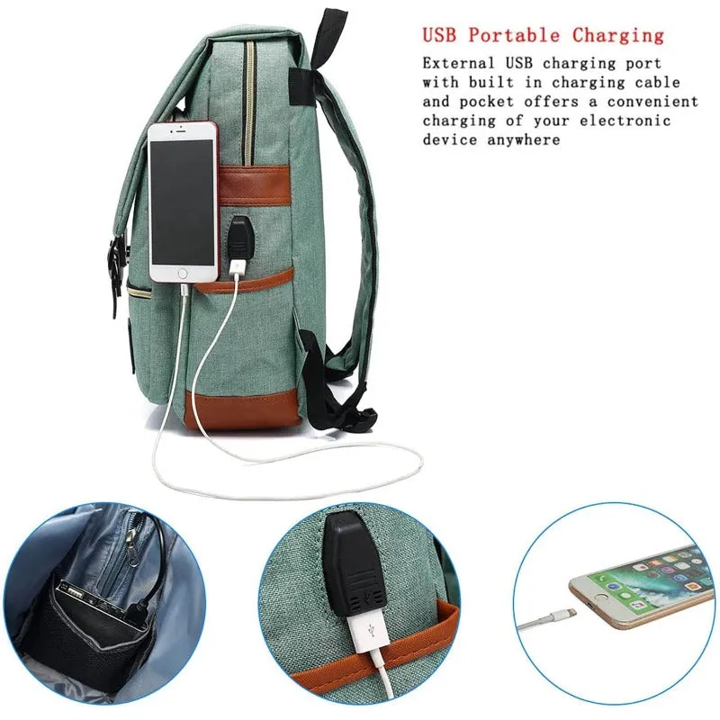 Vintage Laptop Backpack Unisex Oxford Waterproof Large Capacity Backpacks with USB Charging Port