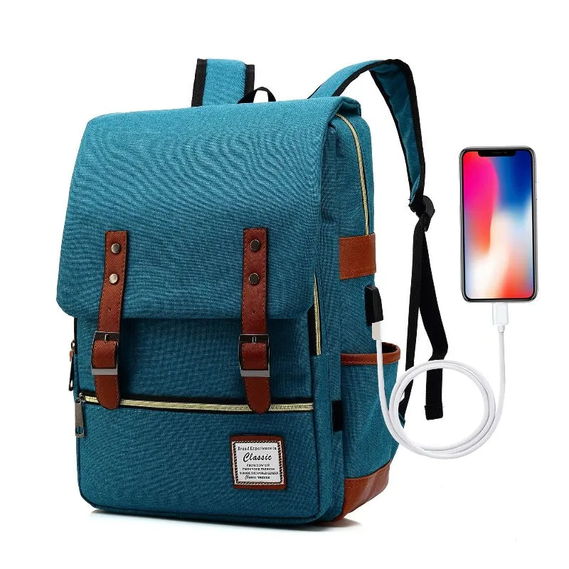 Vintage Laptop Backpack Unisex Oxford Waterproof Large Capacity Backpacks with USB Charging Port