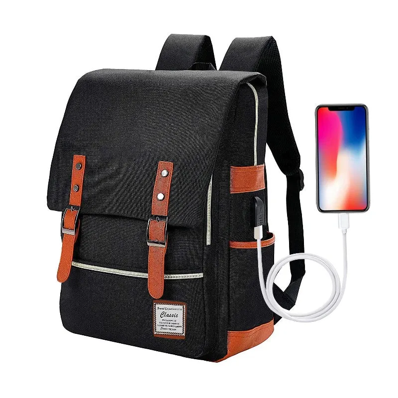 Vintage Laptop Backpack Unisex Oxford Waterproof Large Capacity Backpacks with USB Charging Port