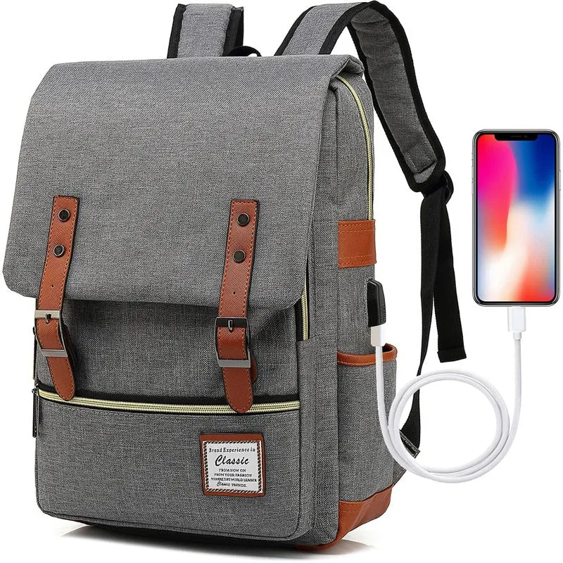 Vintage Laptop Backpack Unisex Oxford Waterproof Large Capacity Backpacks with USB Charging Port