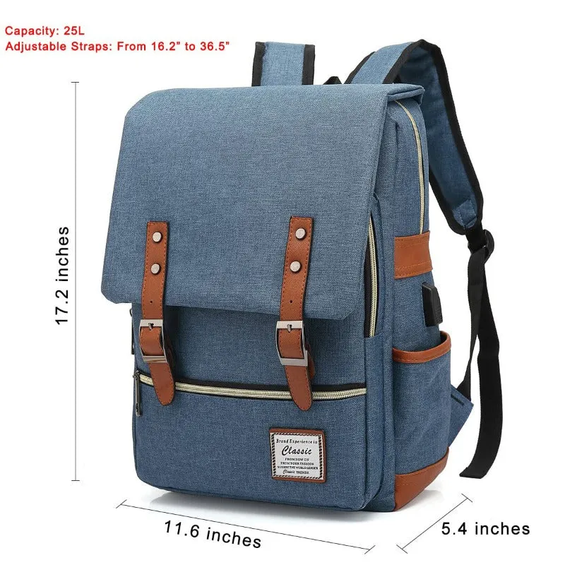 Vintage Laptop Backpack Unisex Oxford Waterproof Large Capacity Backpacks with USB Charging Port