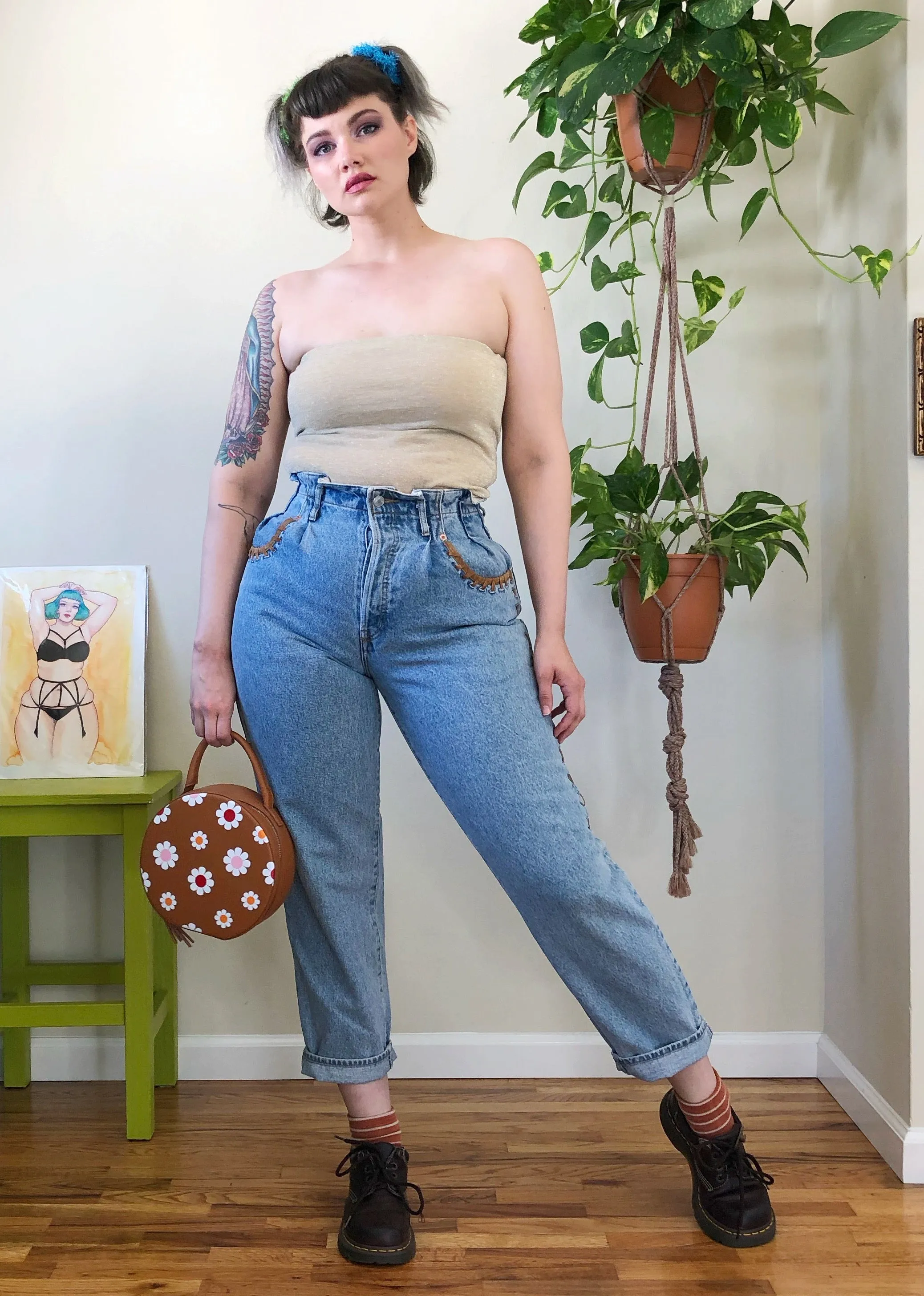 Vintage Paper Bag Waist Suede Detailed Mom Jeans - L