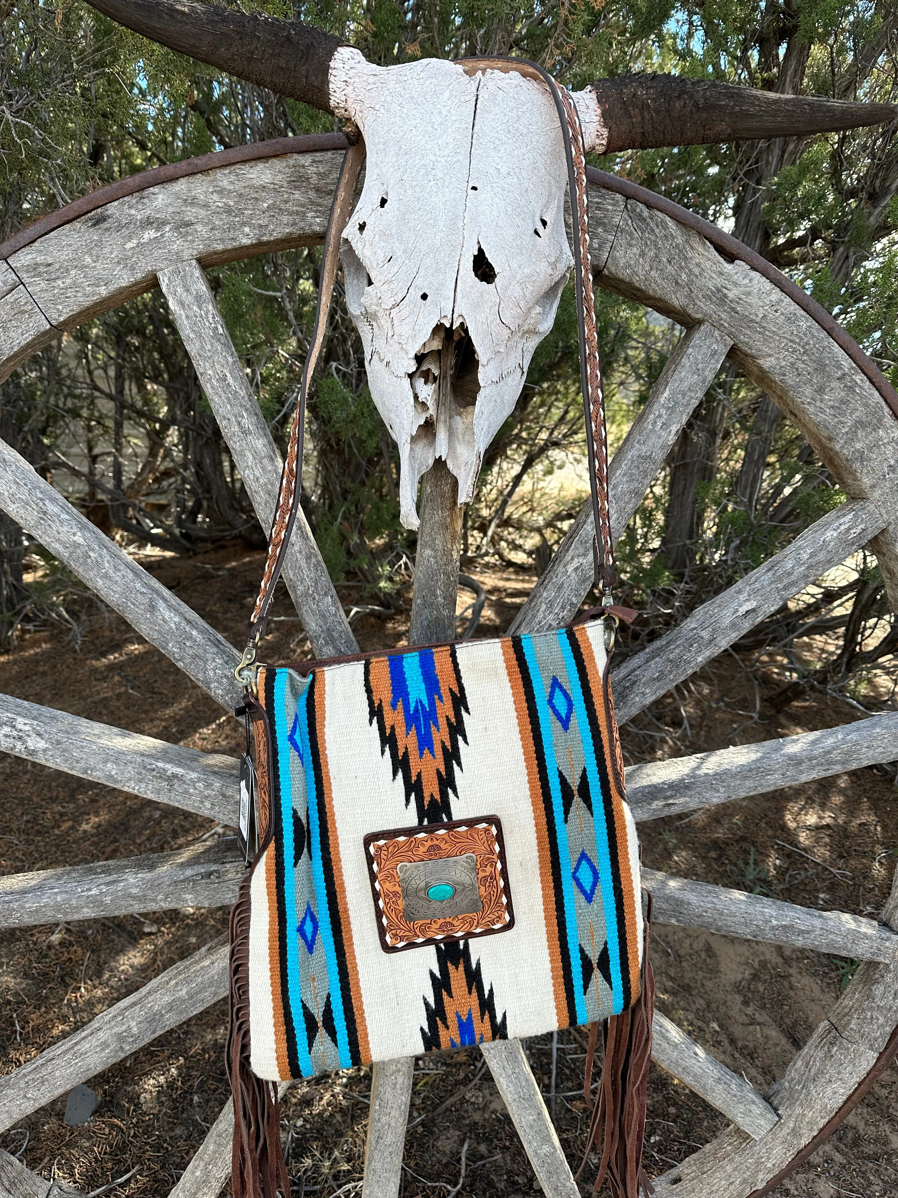 White & Turquoise Blanket Saddle Aztec Purse