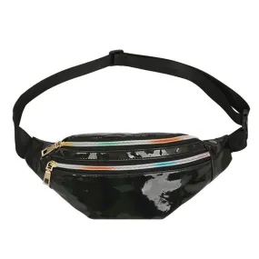 Women Punk Laser Glossy PU Double Zipper Chest Bag Casual Waist Bag(Black)