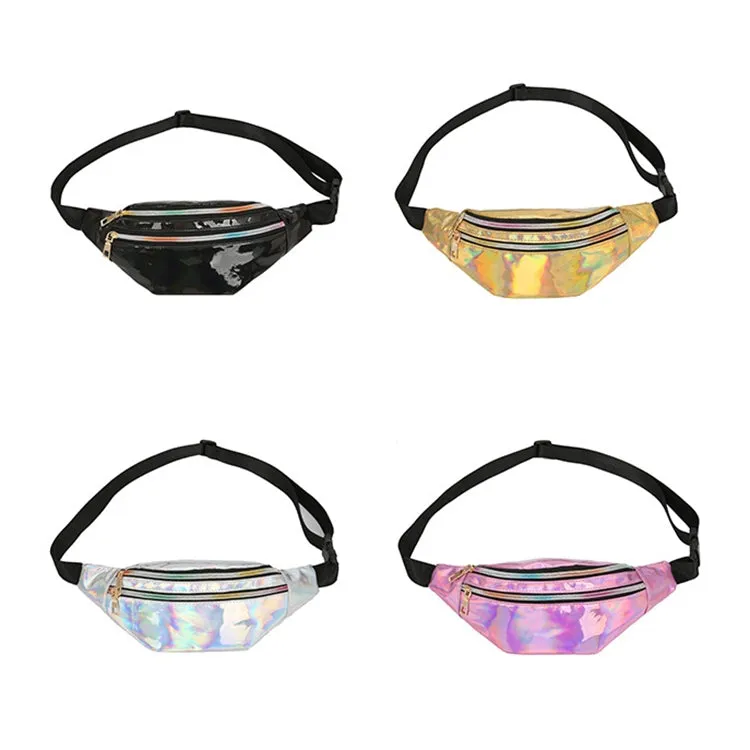 Women Punk Laser Glossy PU Double Zipper Chest Bag Casual Waist Bag(Yellow)