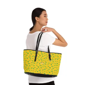 Yellow Green Crane Tote Bag, Japanese Style PU Leather Shoulder Hand Work Bag 17"x11"/ 16"x10"