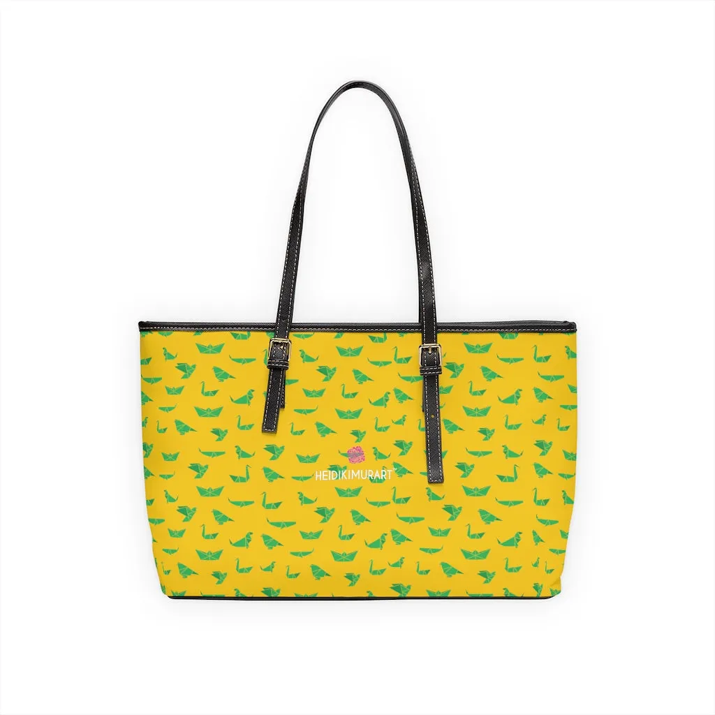 Yellow Green Crane Tote Bag, Japanese Style PU Leather Shoulder Hand Work Bag 17"x11"/ 16"x10"