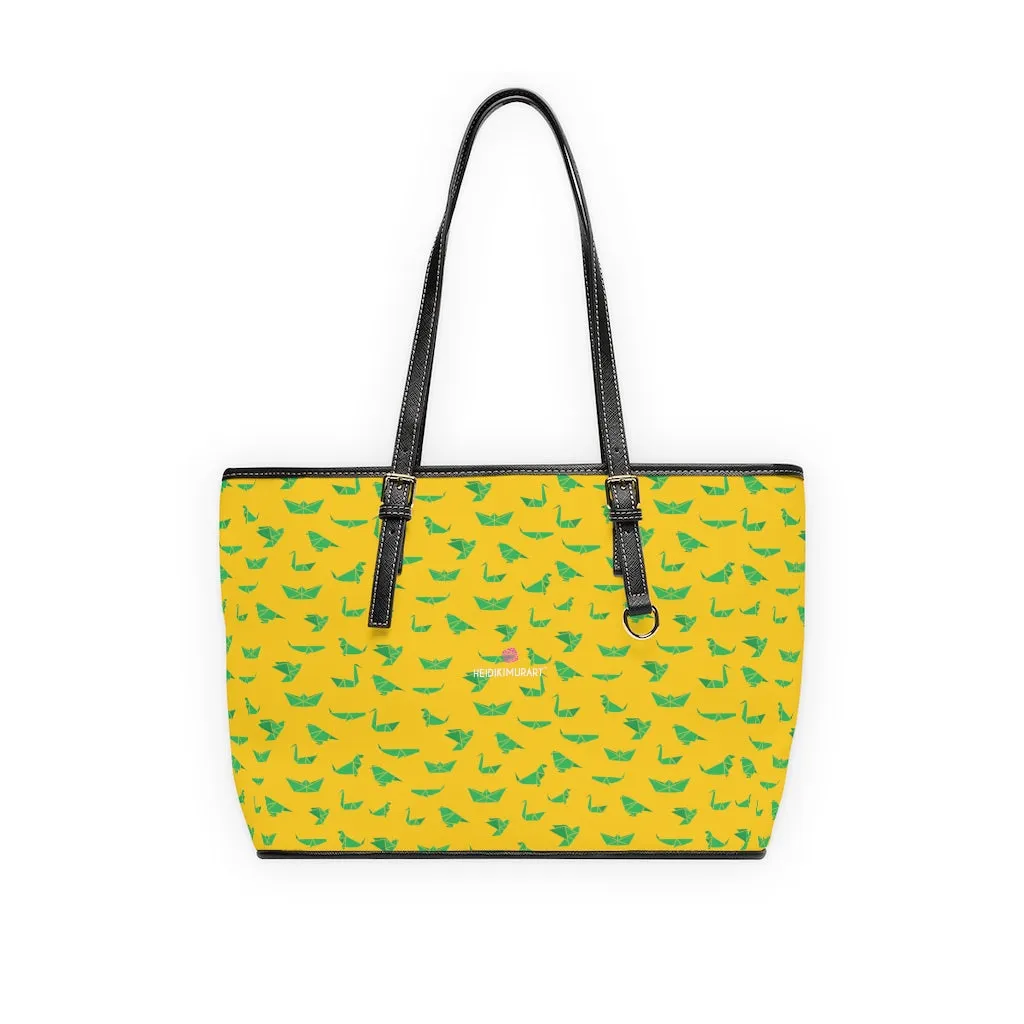 Yellow Green Crane Tote Bag, Japanese Style PU Leather Shoulder Hand Work Bag 17"x11"/ 16"x10"