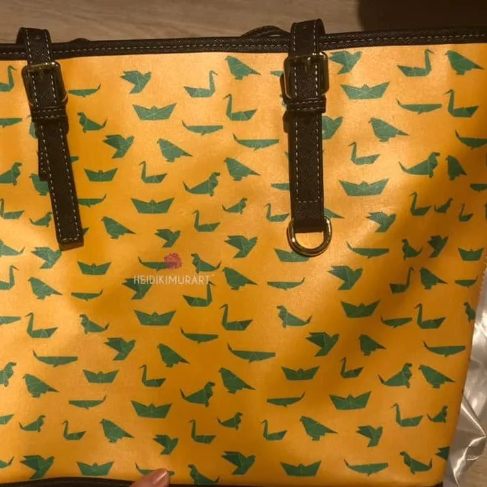 Yellow Green Crane Tote Bag, Japanese Style PU Leather Shoulder Hand Work Bag 17"x11"/ 16"x10"