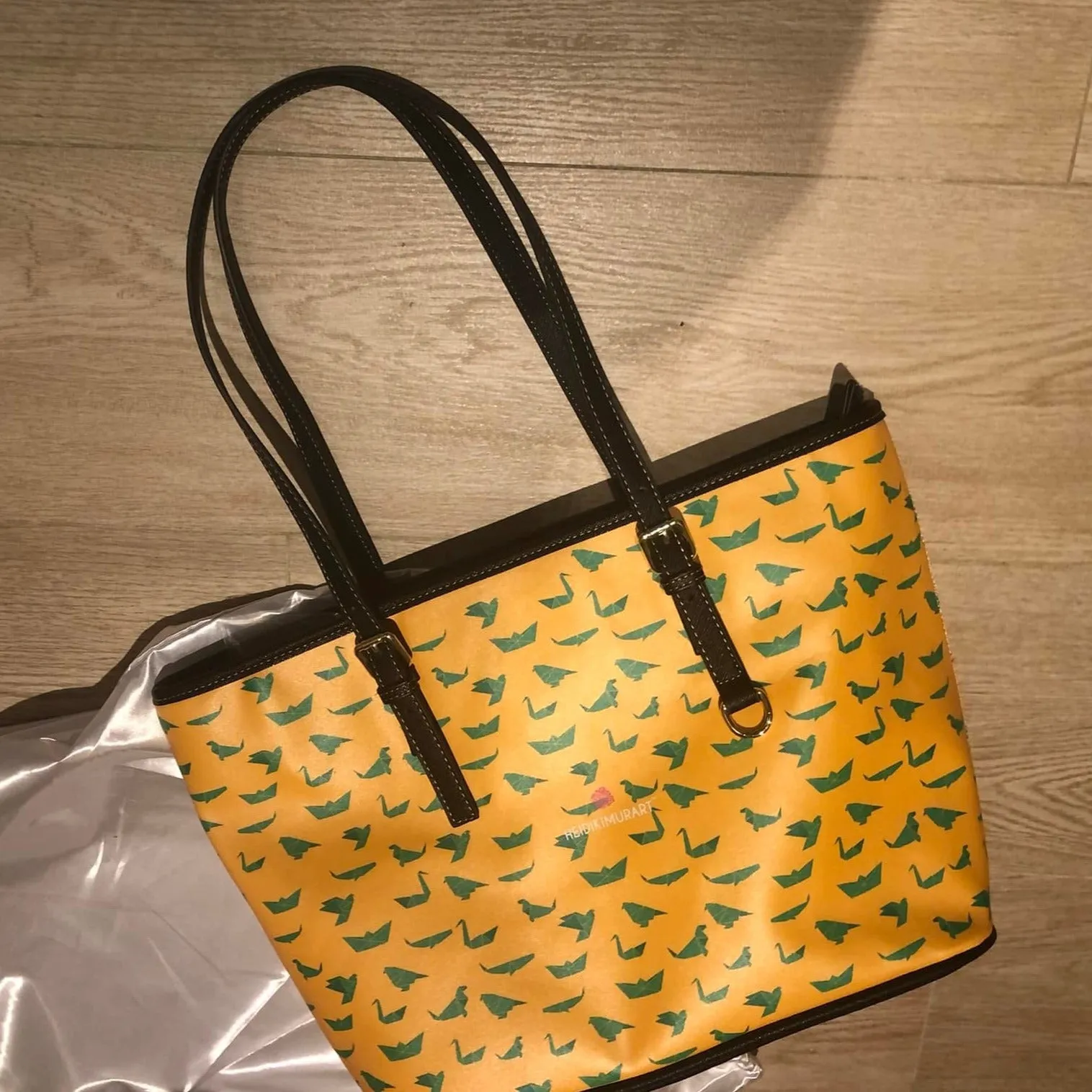 Yellow Green Crane Tote Bag, Japanese Style PU Leather Shoulder Hand Work Bag 17"x11"/ 16"x10"