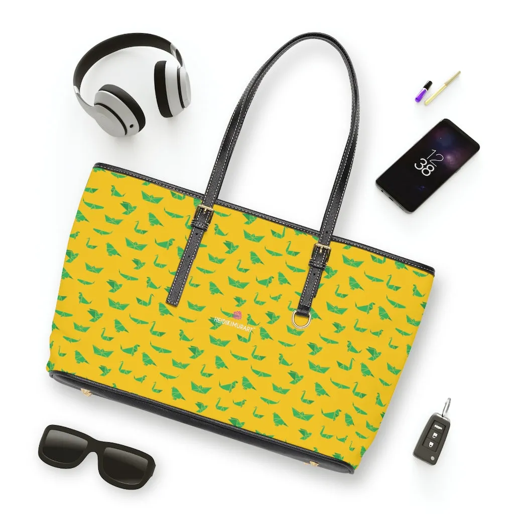 Yellow Green Crane Tote Bag, Japanese Style PU Leather Shoulder Hand Work Bag 17"x11"/ 16"x10"