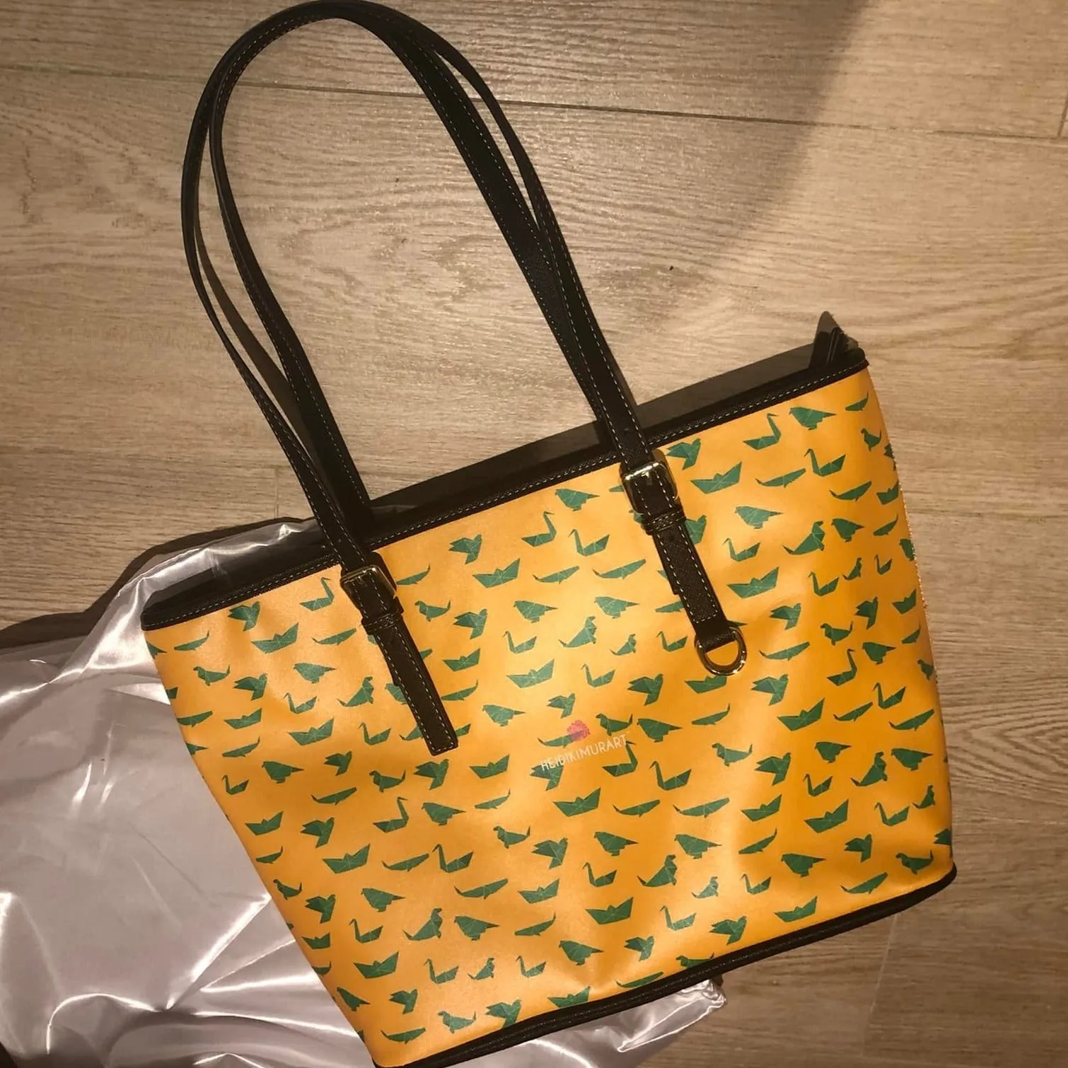 Yellow Green Crane Tote Bag, Japanese Style PU Leather Shoulder Hand Work Bag 17"x11"/ 16"x10"