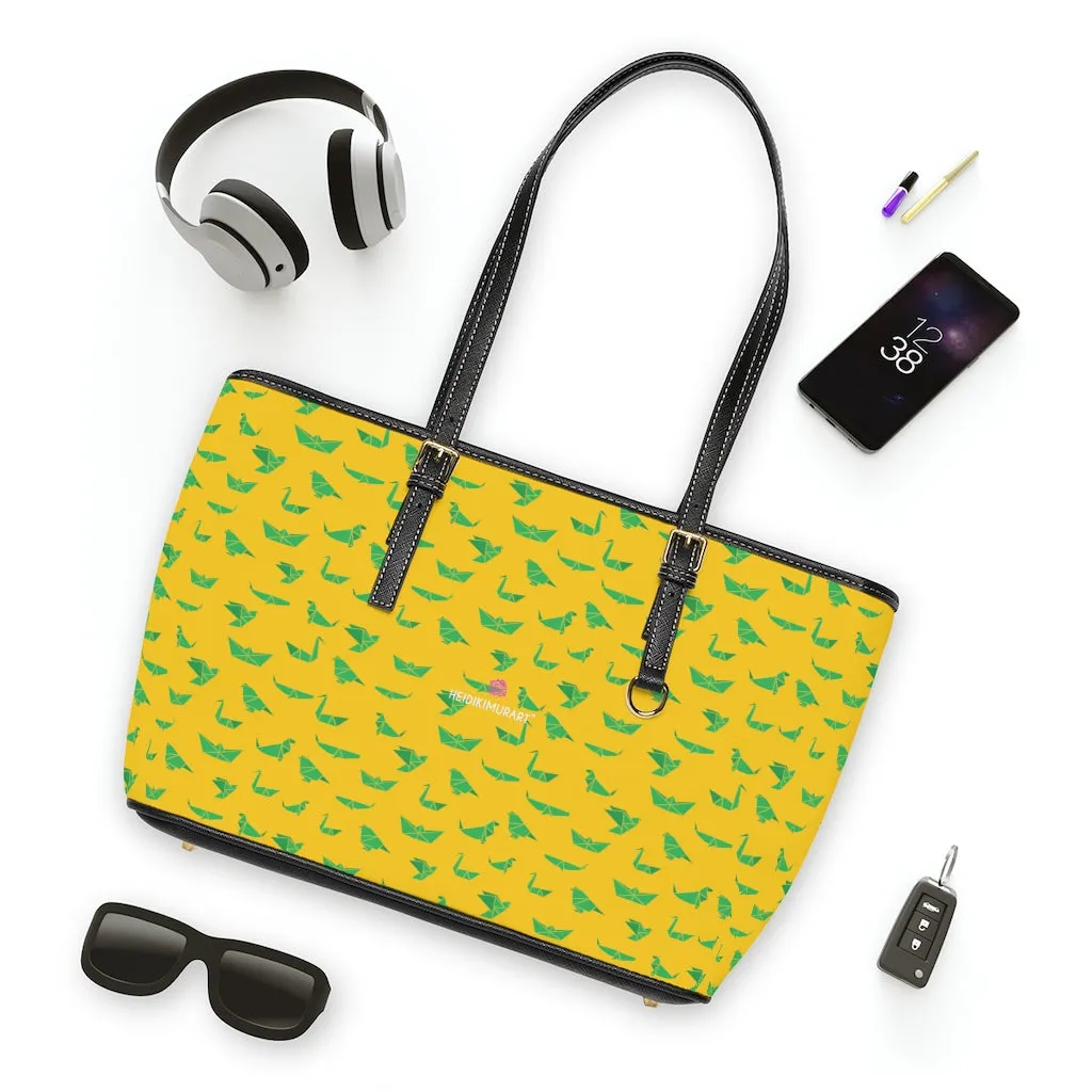 Yellow Green Crane Tote Bag, Japanese Style PU Leather Shoulder Hand Work Bag 17"x11"/ 16"x10"