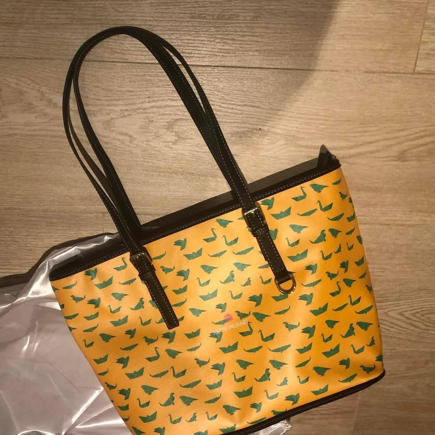 Yellow Green Crane Tote Bag, Japanese Style PU Leather Shoulder Hand Work Bag 17"x11"/ 16"x10"